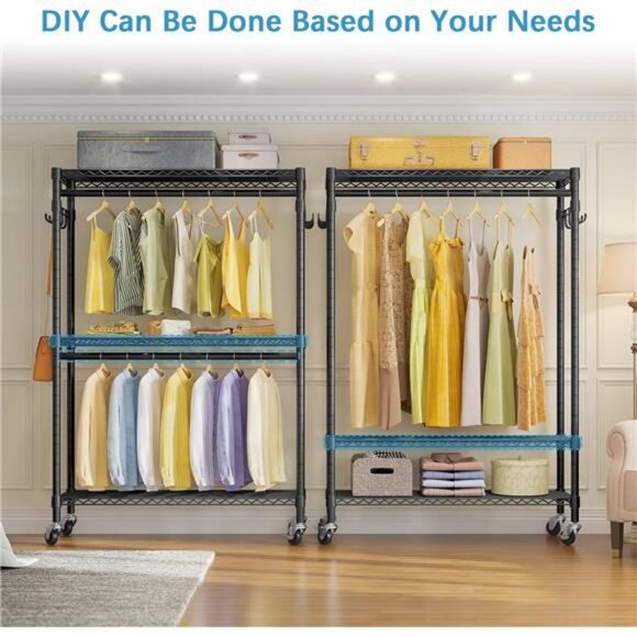 Heavy Duty Rolling Garment Rack 3 Tiers Adjustable Wire Shelving Clothes Rack - Picture 2 of 7